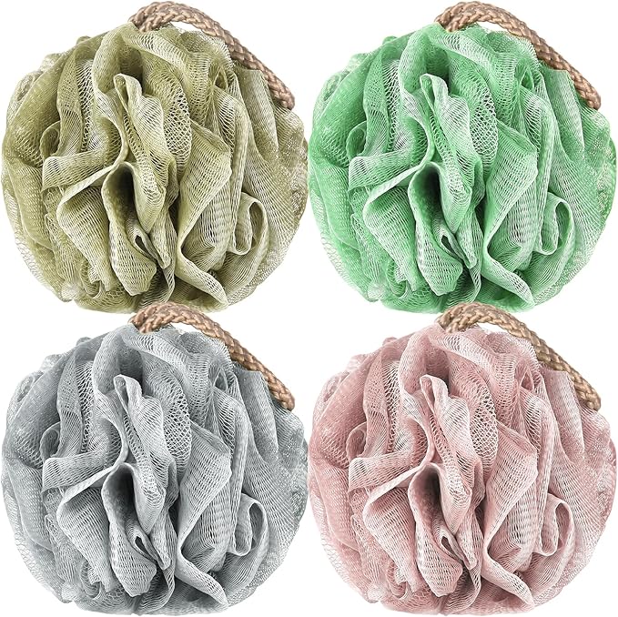 Loofah Sponge Pack of 4, Deep Cleansing Body Scrubber for Shower, Exfoliating Bath Sponge with Handle for Women and Men (001, 50g)
