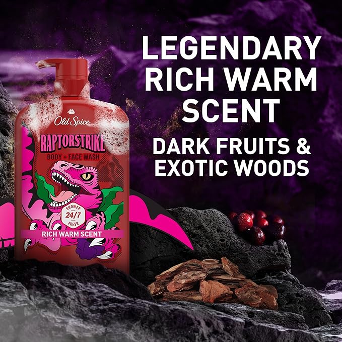 Old Spice Cleansing Body Wash for Men, 3X Defense, 24/7 Shower Fresh with Lasting Scent, 2-in-1 Body & Face Wash, Raptorstrike with Dark Berry Scent, 33.4 oz