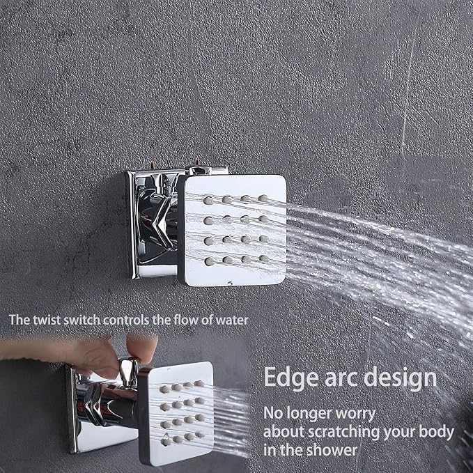 Brass Shower Body Jets with Adjustable Flow, Massage Spa Polished Chrome Square Body Spray Shower Side Wall Sprayer Head Jets, 4 pcs, Water Saving