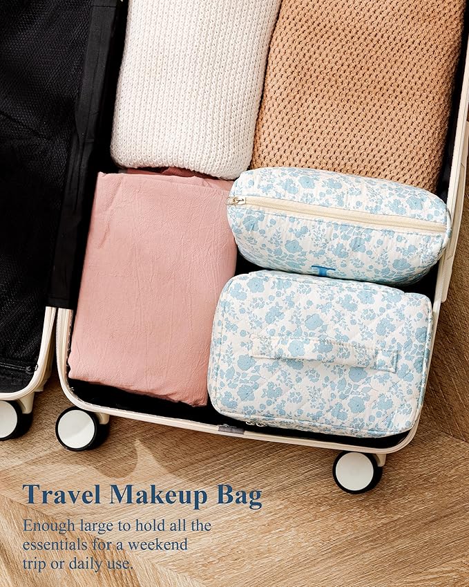 HBselect 2Pcs Initial Makeup Bag, Quilted Makeup Bag, Cotton Large Travel Makeup Bag, Cute Floral Coquette Make up Bag Cosmetic Bag Toiletry Bag for Women Girls B