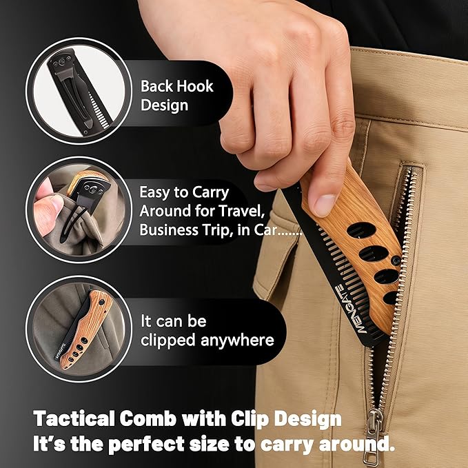1PC Small Folding Pocket Beard & Mustache & Hair Styling Comb for Men - Metal Tactical Grooming Tool with Wooden Handle for Travel & Home Use - Idea for Stocking Stuffers - Length 6.57inch - Black