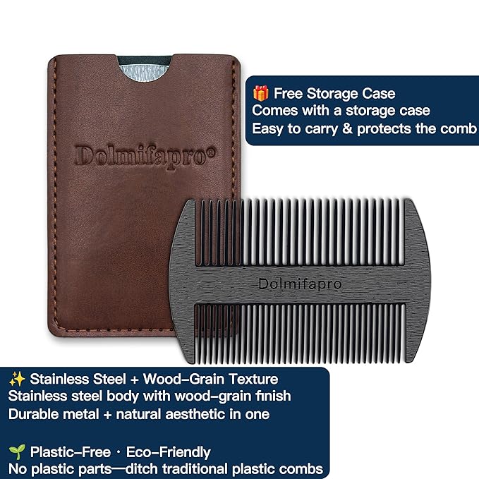 Pocket Comb for Beards, Mustaches Comb & Hair Beard Comb for Men Ultra-thin, Stainless Steel, Anti-static with PU Leather Case (black)