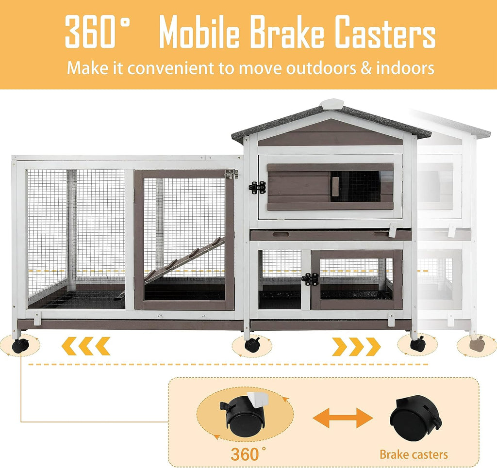 57" L Rabbit Hutch Indoor Outdoor 2 Story Large Bunny Hutch with Run Guinea Pig Cage Wooden Rabbit Cage with Removable 3 Pull Out Trays Pet House for Small-Medium Animals