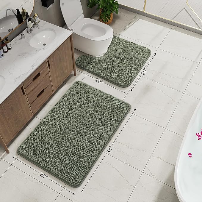 AROGAN Bathroom Rug Sets 2 Piece, 20"x20" U-Shaped Toilet Mat and 21"×34" Bath Mats Floor Set, Washable Bath Rug Set, Absorbent Soft Non Slip Bathroom Rug, Sage Green