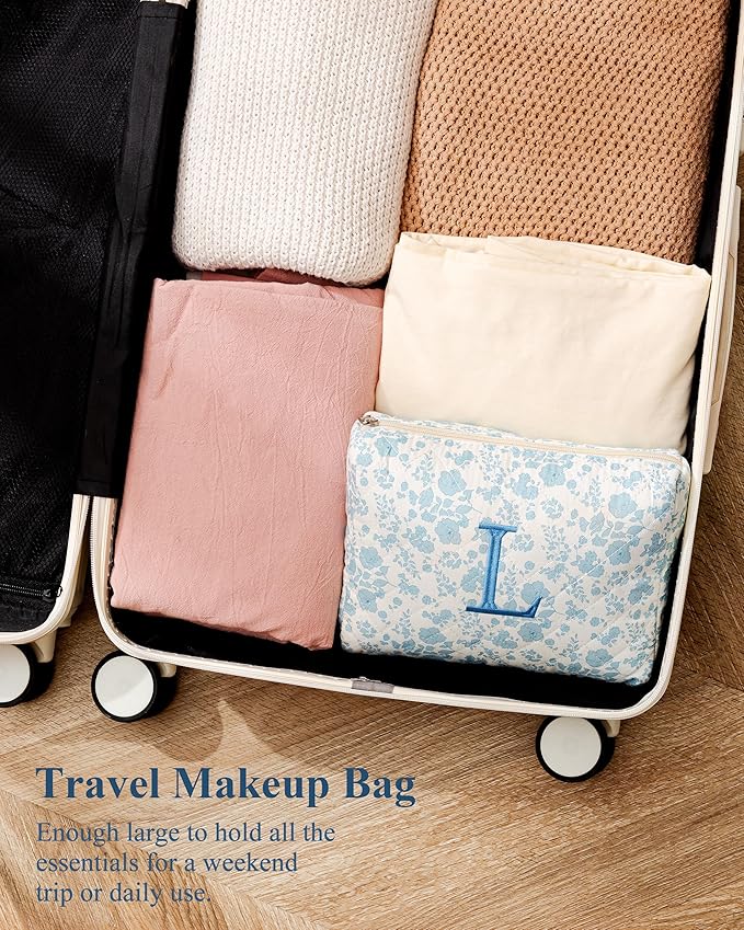 HBselect Initial Quilted Makeup Bag, Cotton Large Travel Makeup Bag, Cute Floral Coquette Make up Bag Cosmetic Bag Toiletry Bag for Women Girls H