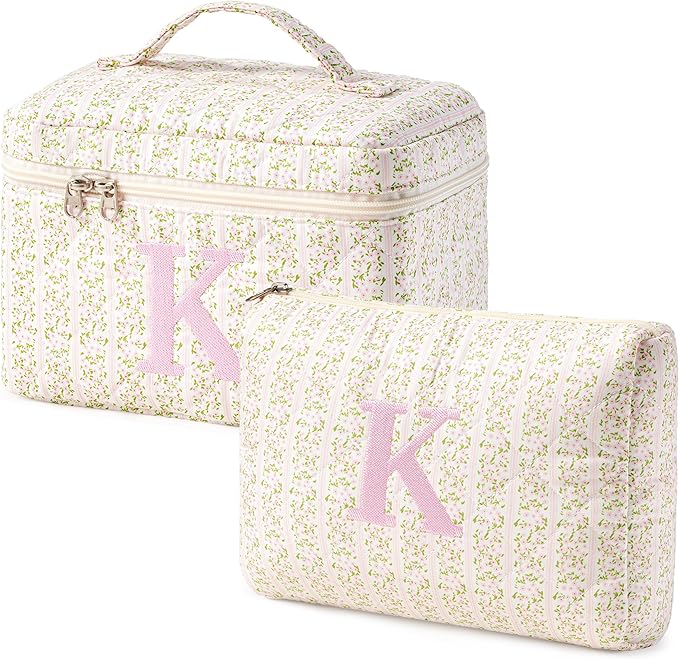 HBselect 2Pcs Initial Quilted Makeup Bag, Pink Cosmetic Travel Toiletry Bag, Flowers Coquette Zipper Make Up Pouch Organizer Teen Girl Gift Trendy Stuff K