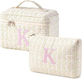 HBselect 2Pcs Initial Quilted Makeup Bag, Pink Cosmetic Travel Toiletry Bag, Flowers Coquette Zipper Make Up Pouch Organizer Teen Girl Gift Trendy Stuff K