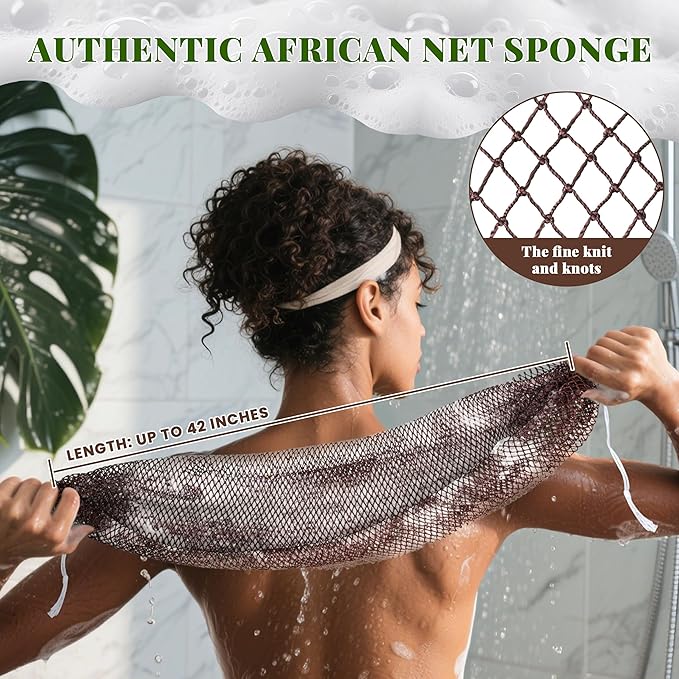 African Net Sponge Authentic, 3 Pieces Exfoliating Scrubber Bath Sponge for All Skin Types, Back Scrubber Loofah Washcloth for Shower, Gentle Exfoliation (Linen,Brown,Black)