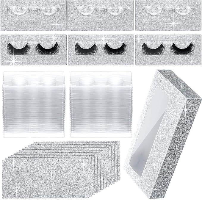 Maitys 50 Sets Empty Lash Case Set, Include Empty Eyelash Box Packaging Storage Box, Eyelash Boxes Tray False Storage, Internal Background Paper(Silver)