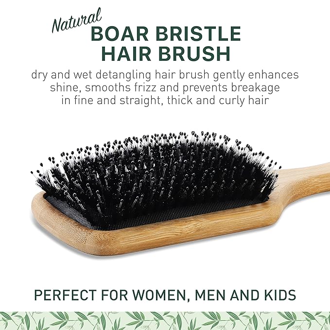 Natural Boar Bristle Hair Brush for Women, Men, Kids; Dry and Wet Detangling Hair Brush Gently Enhances Shine, Smooths Frizz and Prevents Breakage in Fine and Straight, Thick and Curly Hair (paddle)