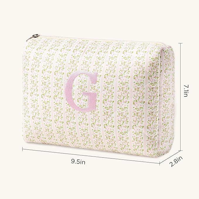 HBselect Initial Quilted Makeup Bag, Pink Cosmetic Travel Toiletry Bag, Flowers Coquette Zipper Make Up Pouch Organizer Teen Girl Gift Trendy Stuff G