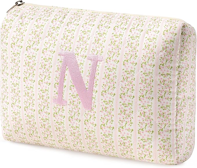 HBselect Initial Quilted Makeup Bag, Pink Cosmetic Travel Toiletry Bag, Flowers Coquette Zipper Make Up Pouch Organizer Teen Girl Gift Trendy Stuff N