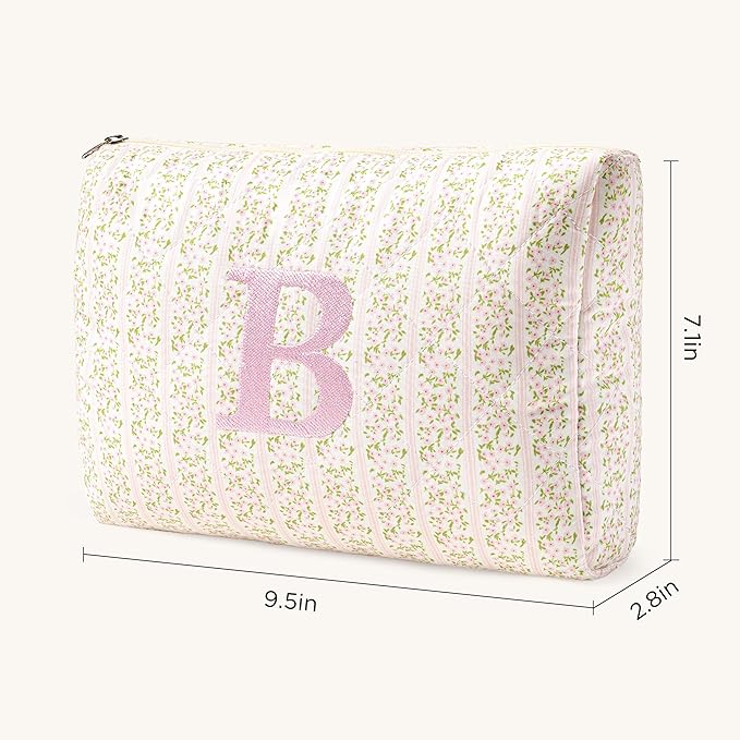 HBselect Initial Quilted Makeup Bag, Pink Cosmetic Travel Toiletry Bag, Flowers Coquette Zipper Make Up Pouch Organizer Teen Girl Gift Trendy Stuff B