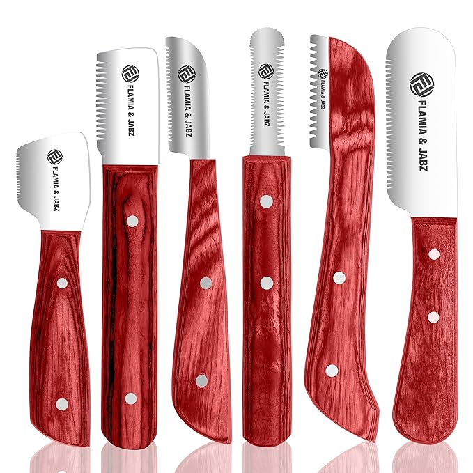 FLAMIA & JABZ FJ Professional Stripping Knife kit (6 pieces set) for Dogs & Pets, Wooden Handle Grip with Stainless Steel Blade (Right handed) (Coral Red)