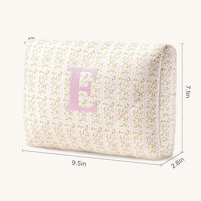 HBselect Initial Quilted Makeup Bag, Pink Cosmetic Travel Toiletry Bag, Flowers Coquette Zipper Make Up Pouch Organizer Teen Girl Gift Trendy Stuff E