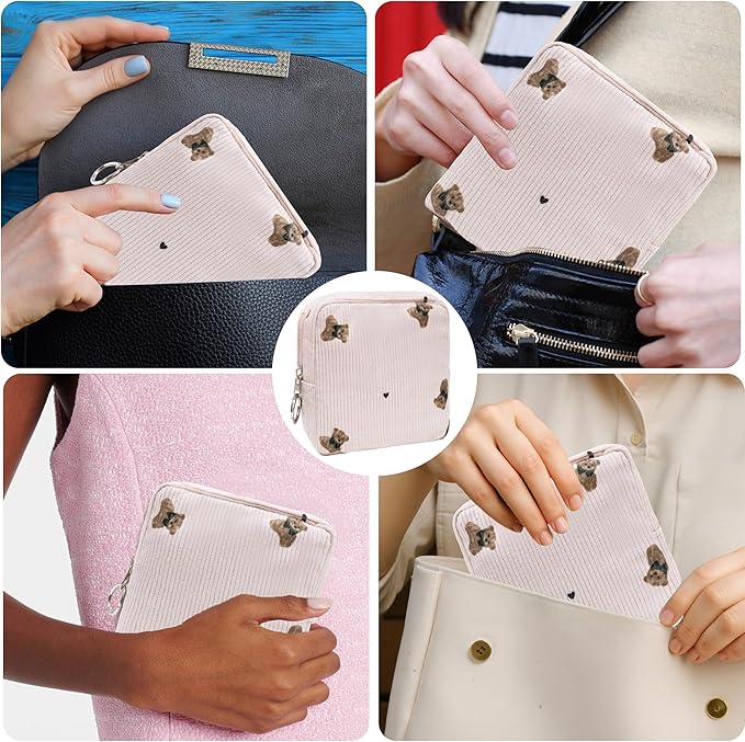 Period Bag for Girls, Corduroy Sanitary Napkin Storage Bag, Period Pouch & Tampon Holder, Feminine Care Organizer（Pink Bear）
