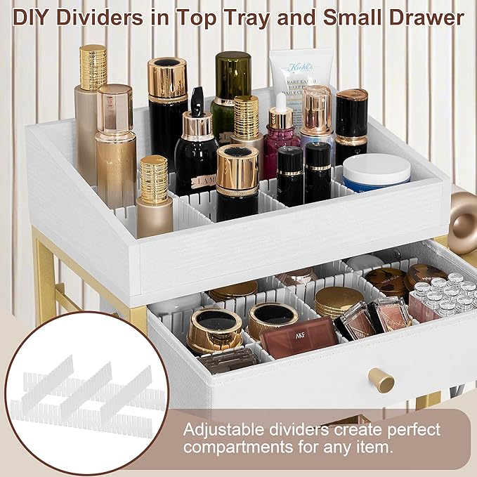 Makeup Organizer Cart with Adjustable Dividers, 3-Drawer Cosmetic Storage Cart with Lockable Wheels & Detachable Hair Tool Holder, Mobile Vanity Organizer for Small Spaces, Gold & White