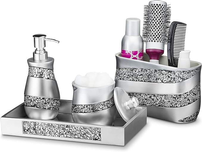 Silver Mosaic Bathroom Counter Vanity Organizer, Countertop Cosmetic Makeup Holder Hair Brush Caddy Hair Accessories Storage, 3-Compartments Decorative Bath Organization (Silver Gray)