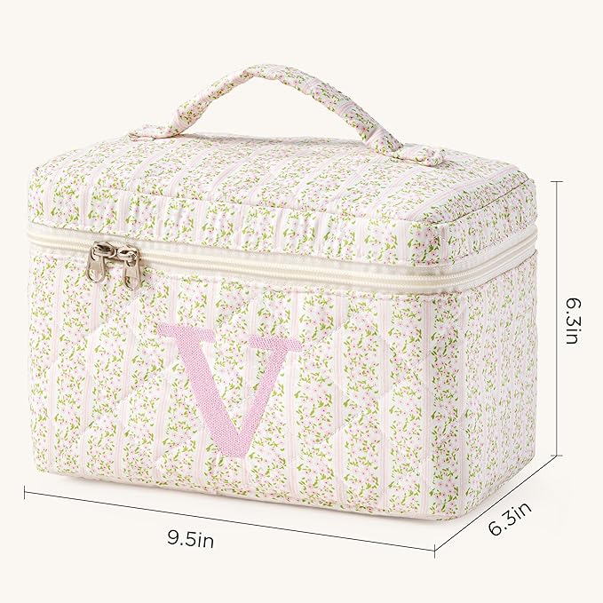 HBselect Initial Quilted Makeup Bag, Pink Cosmetic Travel Toiletry Bag, Flowers Coquette Zipper Make Up Pouch Organizer Teen Girl Gift Trendy Stuff V