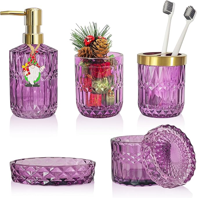 Purple Bathroom Accessories Set, 5Pcs Clear Glass Bathroom Decor Set, Soap Dispenser, Toothbrush Holder Set, Soap Dish, Qtip Holder, Tumbler for Vintage Crystal Bathroom Decor, Gift Set