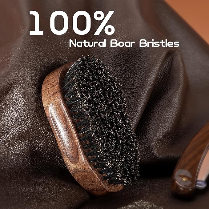 Boar Bristle Beard Brush for Men, 4.2-Inch Black Walnut Wood Handle Military Style, Men's Natural Wooden Boar Bristles Mustache Brush - Medium Hardness