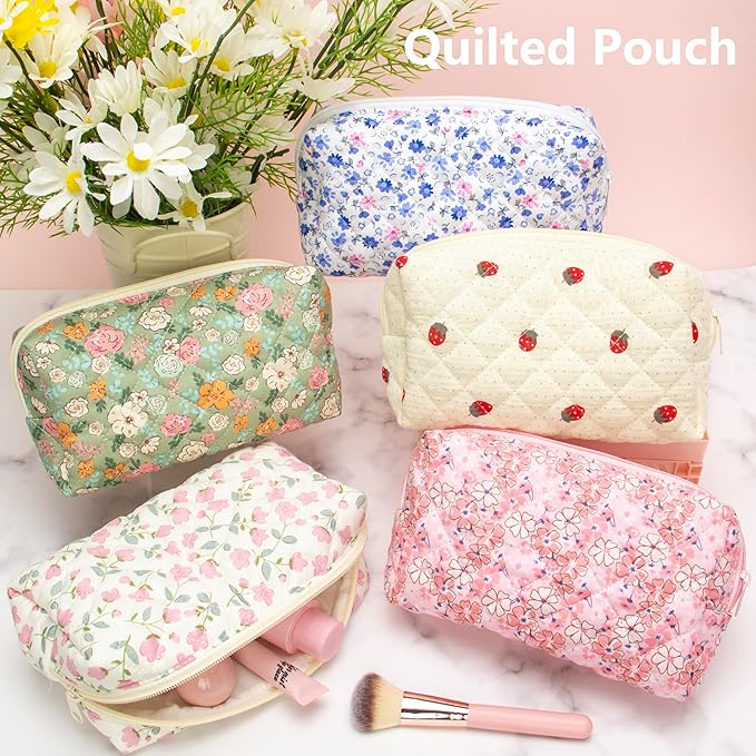 PAZIMIIK 6PCS Vintage Quilted Makeup Bag SET Cosmetic Pouch for Brushes Pencils and Travel Make Up Accessories for Women and Girls Floral Green