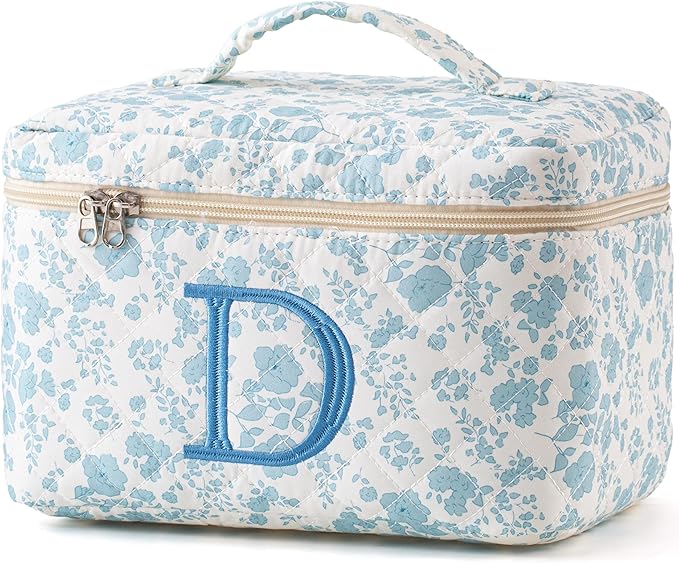 HBselect Initial Quilted Makeup Bag, Cotton Large Travel Makeup Bag, Cute Floral Coquette Make up Bag Cosmetic Bag Toiletry Bag for Women Girls D