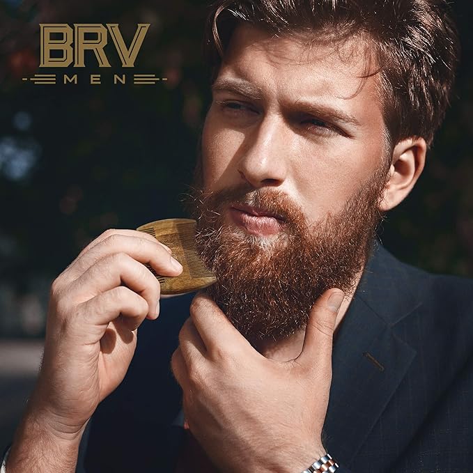 BRV MEN Beard & Mustache Comb, 100% Natural Green Sandalwood, Pocket Beard Comb with Carry Case, Wooden Beard Comb for Men For All Types and Styles of Hair & Beard