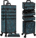 Profesional Rolling Makeup Train Case with Lid, 5 in 1 Cosmetology Case on Wheels, Large Cosmetic Trolley Organizer Travel for Hairstylist Artist Nail Beauty Salon Barber, Blue