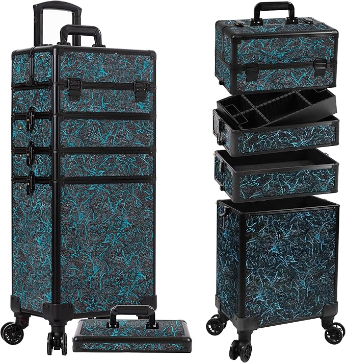Profesional Rolling Makeup Train Case with Lid, 5 in 1 Cosmetology Case on Wheels, Large Cosmetic Trolley Organizer Travel for Hairstylist Artist Nail Beauty Salon Barber, Blue