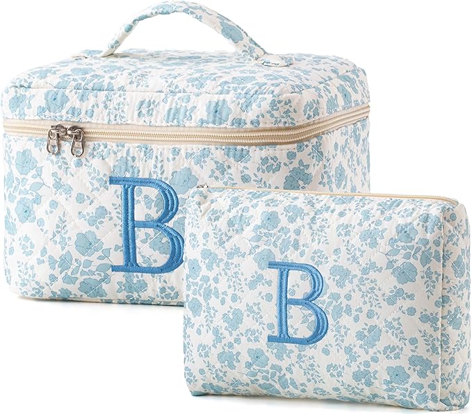 HBselect 2Pcs Initial Makeup Bag, Quilted Makeup Bag, Cotton Large Travel Makeup Bag, Cute Floral Coquette Make up Bag Cosmetic Bag Toiletry Bag for Women Girls B