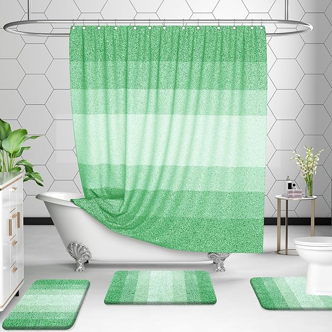 OLANLY Bathroom Rugs Sets 3 Piece, Soft Absorbent Microfiber Bath Mats and U-Shaped Contour Toilet Rug, Plush Shaggy Bath Mat Set for Bathroom (47"x20"+24"x16"+24"x20", Green)