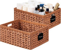 UBBCARE Storage Baskets with Label, Wicker Pantry Baskets for Shelves, Waterproof Woven Basket for Organizing, 2-Pack Plastic Rectangle Organizers with Handles,Light Brown (16.5L×13W×7.5H)
