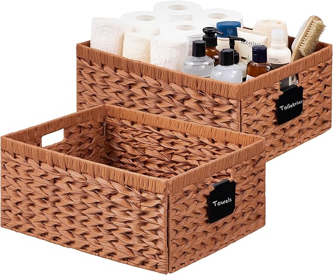 UBBCARE Storage Baskets with Label, Wicker Pantry Baskets for Shelves, Waterproof Woven Basket for Organizing, 2-Pack Plastic Rectangle Organizers with Handles,Light Brown (16.5L×13W×7.5H)