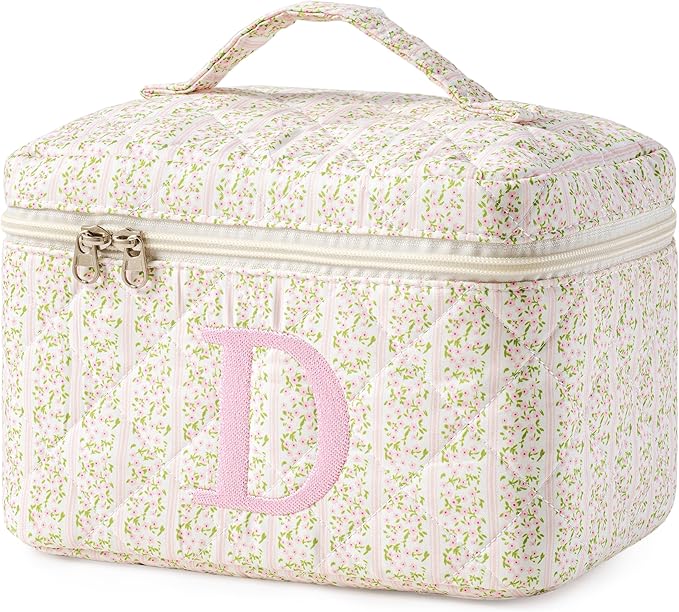 HBselect Initial Quilted Makeup Bag, Pink Cosmetic Travel Toiletry Bag, Flowers Coquette Zipper Make Up Pouch Organizer Teen Girl Gift Trendy Stuff D