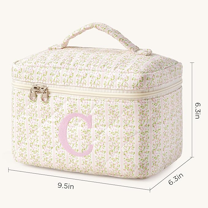 HBselect Initial Quilted Makeup Bag, Pink Cosmetic Travel Toiletry Bag, Flowers Coquette Zipper Make Up Pouch Organizer Teen Girl Gift Trendy Stuff C