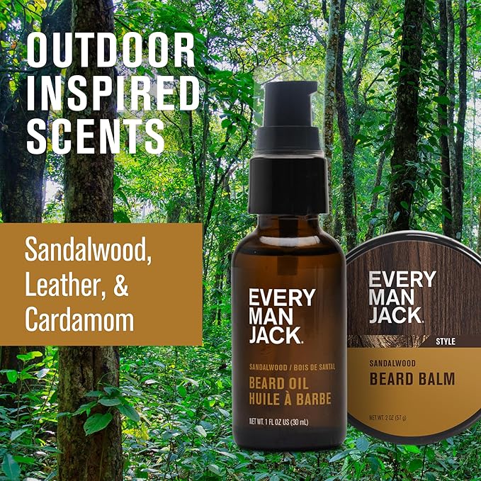 Every Man Jack Beard Grooming Kit for Men - Includes Sandalwood Beard Oil & Beard Balm, Beard Brush, Wooden Dual-sided Comb, Trimming Scissors and Mustache Comb