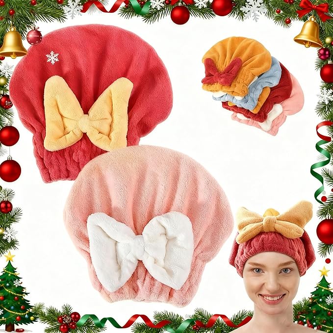 2PCS Microfiber Hair Drying Caps, Christmas Absorbent Hair Towel Wrap for Women Wet Hair Quick-Drying Hair Towels, Soft Bow Tie Wet Hair Towel Wrap for Party Favors Goody Bag Filler (Pink+Red)
