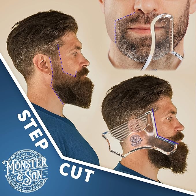 Monster&Son Beard Shaping Tool For Men - Classic Oversized Design (Blue Clear) - Lineup Stencil Shaper for Styling and Shaping - Alignment Guides for Perfect Symmetry