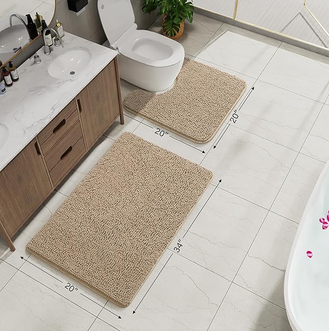 AROGAN Bathroom Rug Sets 2 Piece, 20"x20" U-Shaped Toilet Mat and 21"×34" Bath Mats Floor Set, Washable Bath Rug, Absorbent Soft Non Slip Bathroom Rug Set, Beige