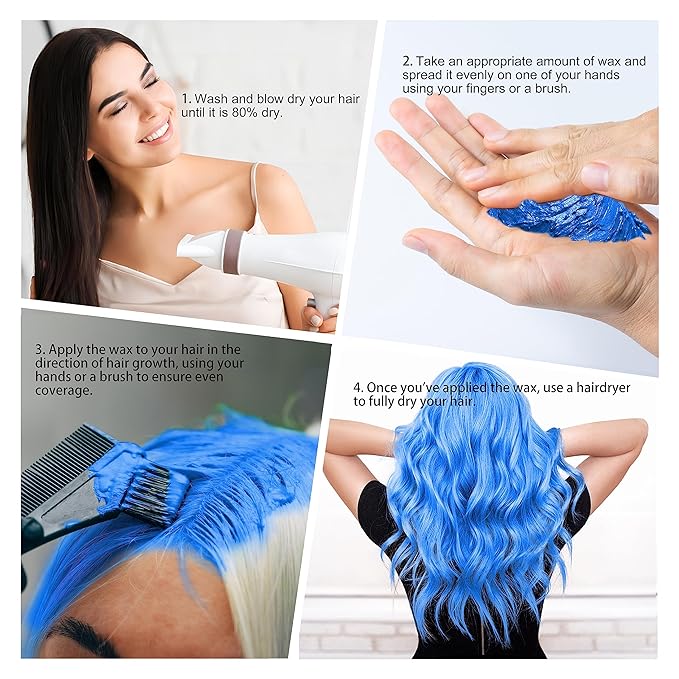 Temporary Blue Hair Color Wax with Dye Brush, Instant Natural Hairstyle Cream 4.23 oz, Disposable Coloring Mud for Men Women Youth, Washable Styling Pomades, Party Cosplay DIY Halloween