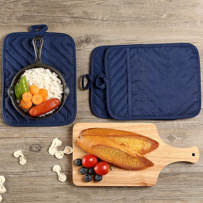 Cotton Pocket Pot Holders Machine Washable Heat Resistant Hot Pads for Kitchen Square Blue Oven Mitts 7"x9" Set of 3
