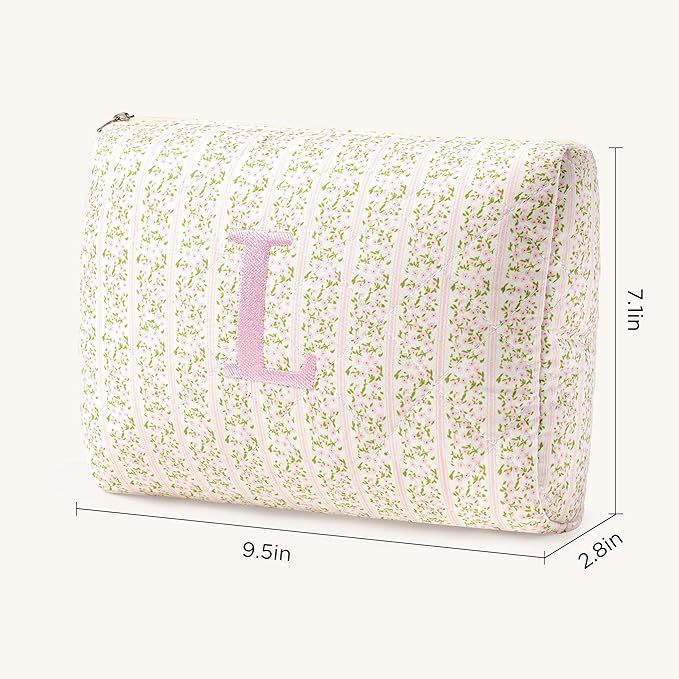 HBselect Initial Quilted Makeup Bag, Pink Cosmetic Travel Toiletry Bag, Flowers Coquette Zipper Make Up Pouch Organizer Teen Girl Gift Trendy Stuff L