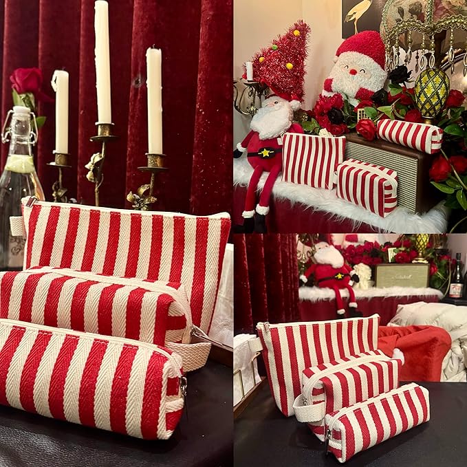 3 Pcs Makeup Bag Set Striped Canvas Purse Cosmetic Bag For Women Travel Toiletry Pouch Organizer pencil case (Orange-White)