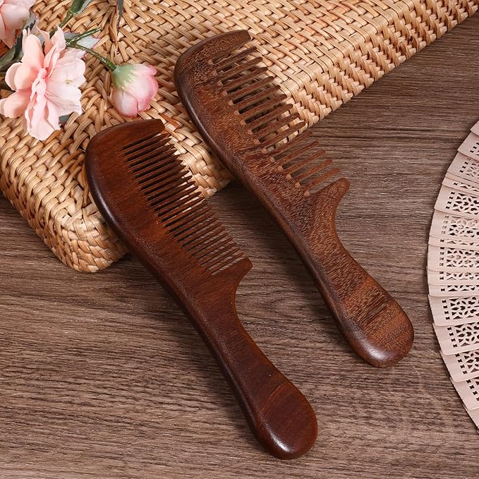 2 Pcs Sandalwood Comb Set Handmade Wide Tooth Comb and Fine Tooth Comb Wooden Comb Anti-Static Wood Comb Green Sandalwood Detangling Comb Hair Combs for Women Men