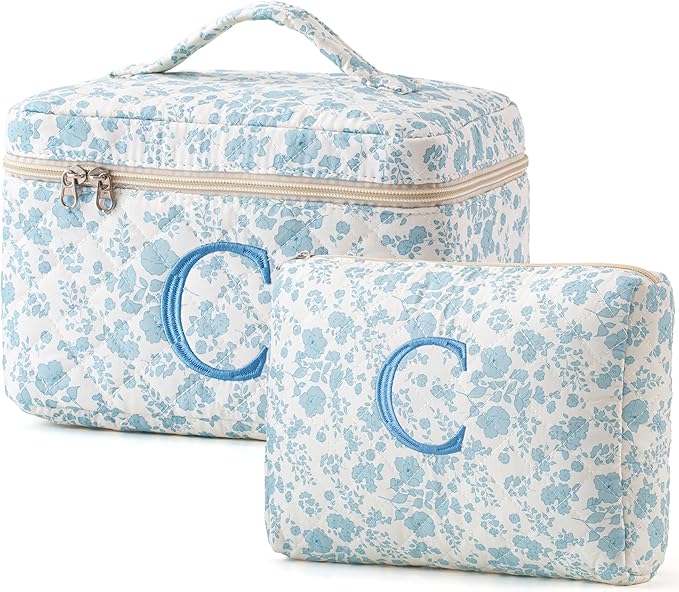 HBselect 2Pcs Initial Quilted Cotton Large Travel Cute Floral Coquette Makeup Cosmetic Toiletry Bag for Women Girls