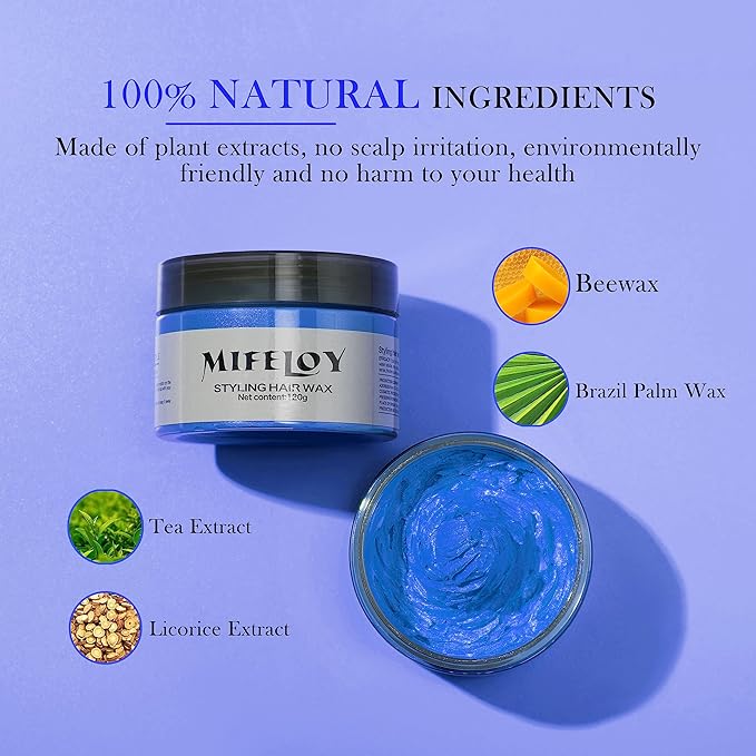 Temporary Blue Hair Color Wax 4.23 oz, Instant Natural Hairstyle Cream Dye, Washable Styling Pomades, Disposable Coloring Mud for Women Youth Men, Party Cosplay DIY Halloween