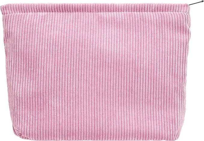 PAZIMIIK Makeup Bag Large Zipper Corduroy Make Up Pouch for Purse Travel Canvas Cosmetic Organizer for Women Brush Storage,Pink