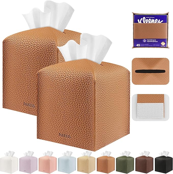 Tissue Box Cover Holder Square Tissue Cube Cover PU Leather Tissue Organizer with Bottom Belt for Bathroom, Tabletop, Car, Night Stands, Office, Home, Kitchen (2, Brown)