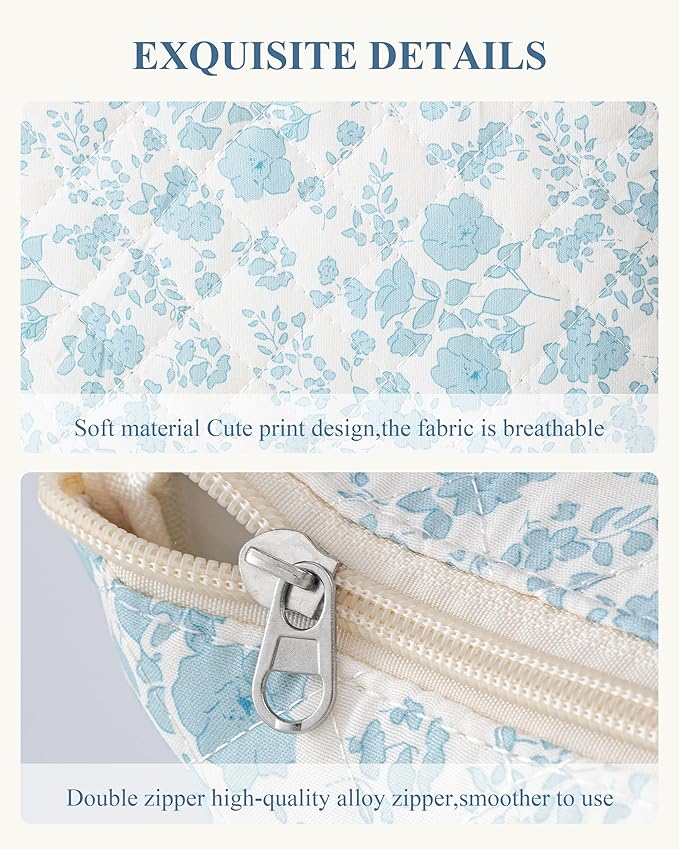 HBselect Initial Quilted Makeup Bag, Cotton Large Travel Makeup Bag, Cute Floral Coquette Make up Bag Cosmetic Bag Toiletry Bag for Women Girls T